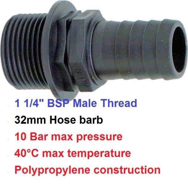 1 1/4" BSP Male x 32mm Hose Tail POLY 8001303