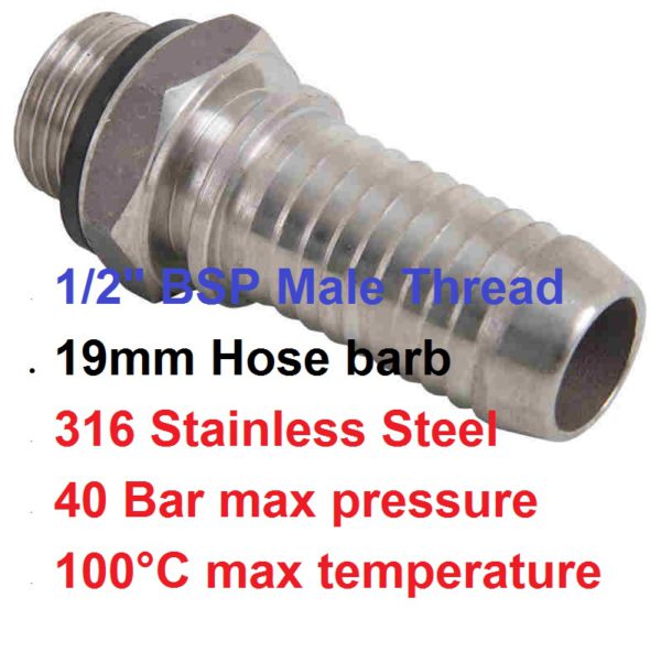 1/2" X 19mm SS Hose Barb RVST019