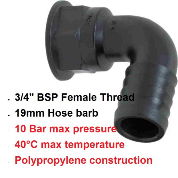 3/4" F  x 19mm Hose Tail Elbow POLY 8010201